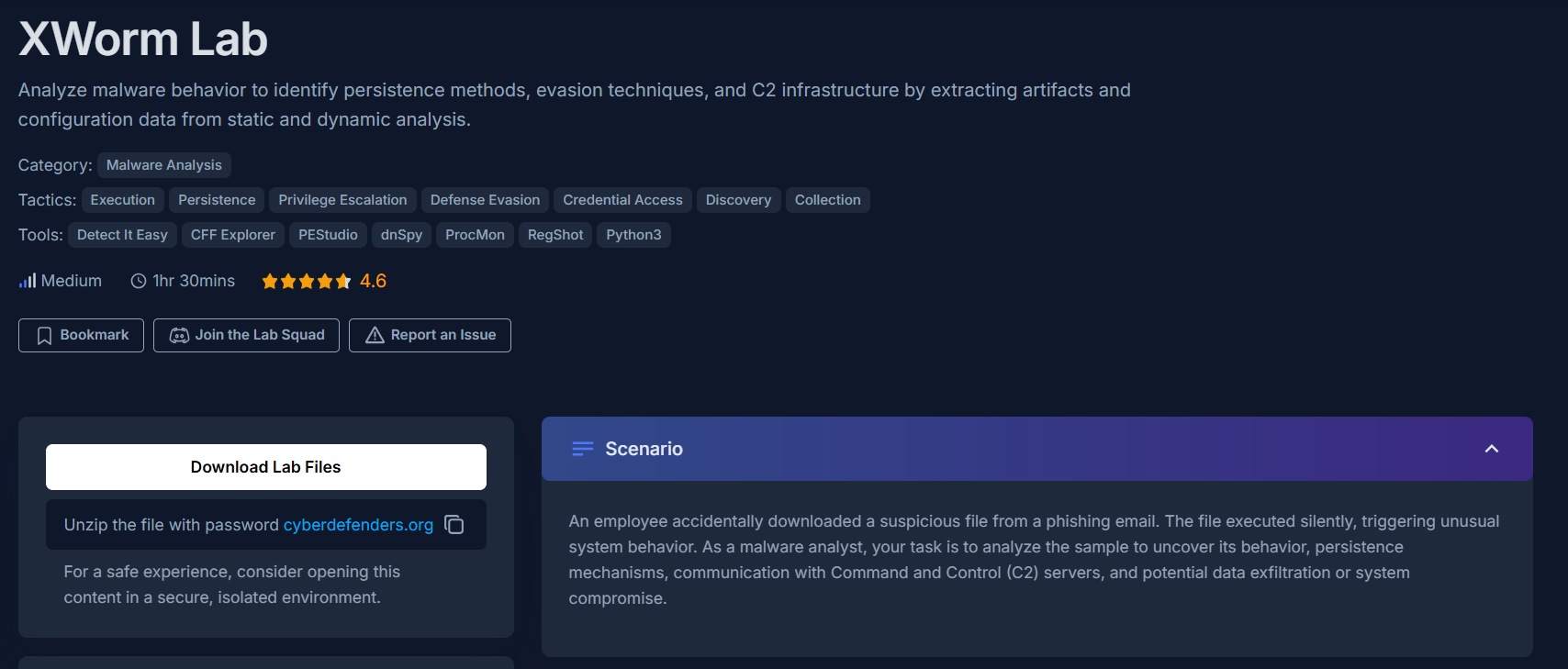 CyberDefenders XWorm Lab page showing the challenge overview, scenario description, associated MITRE ATT&CK tactics, and the tools required for analysis.